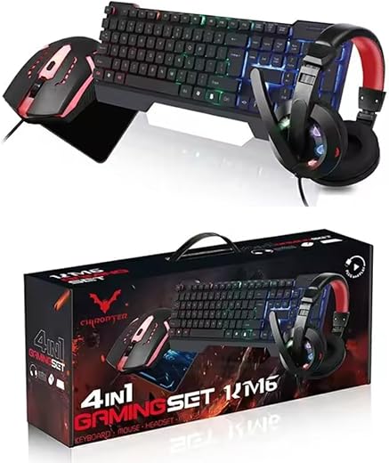 Entwino Gaming Combo 4-in-1: RGB Keyboard, DPI-Adjustable Mouse, Mouse Pad, and Headset with Mic