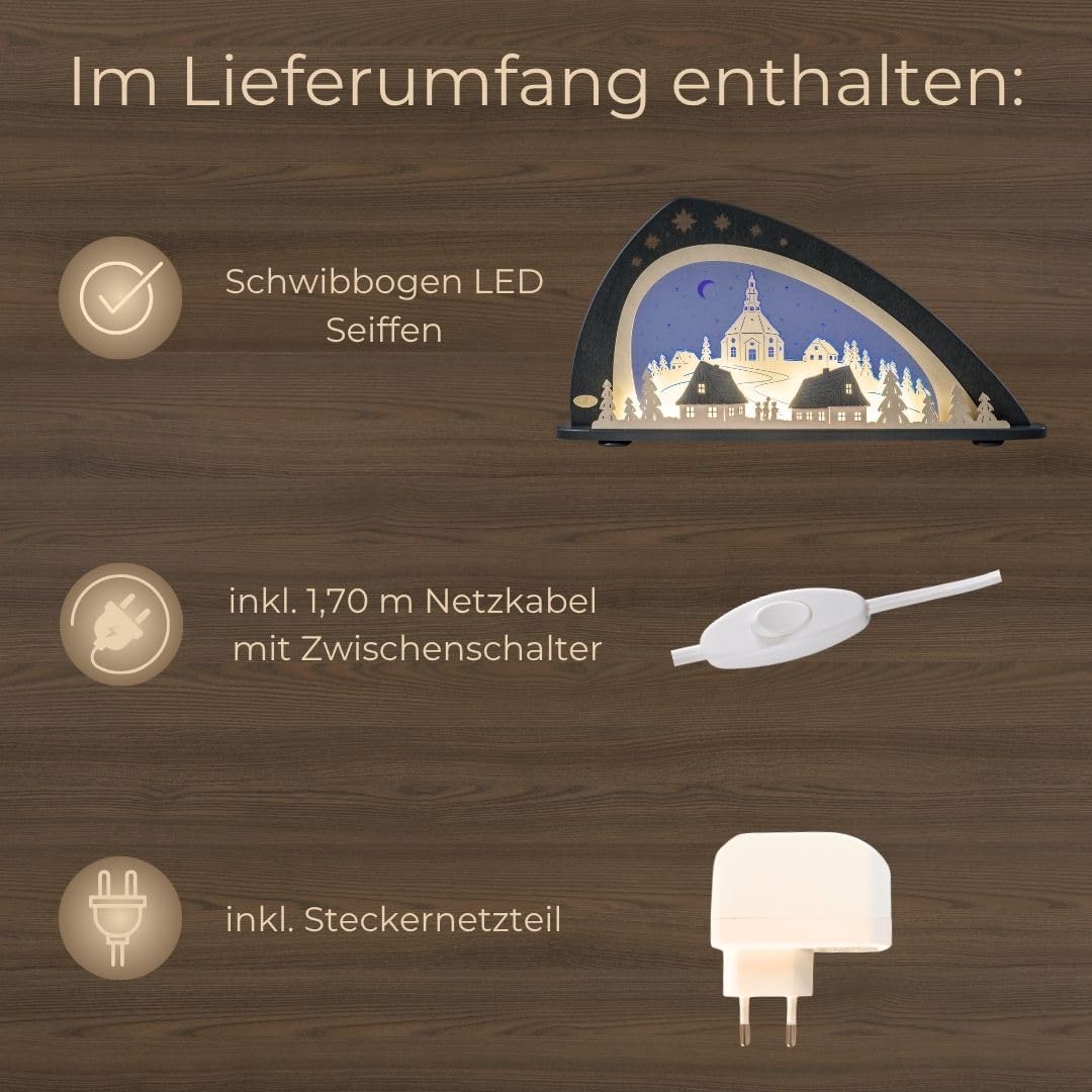 weigla - Schwibbogen original Erzgebirge I Motiv Seiffen I LED-Lichterbogen Weihnachten I Größe 66 x 33,8 x 6 cm I Inklusive Beleuchtung I beleuchtete Weihnachtsdeko innen I aus Holz