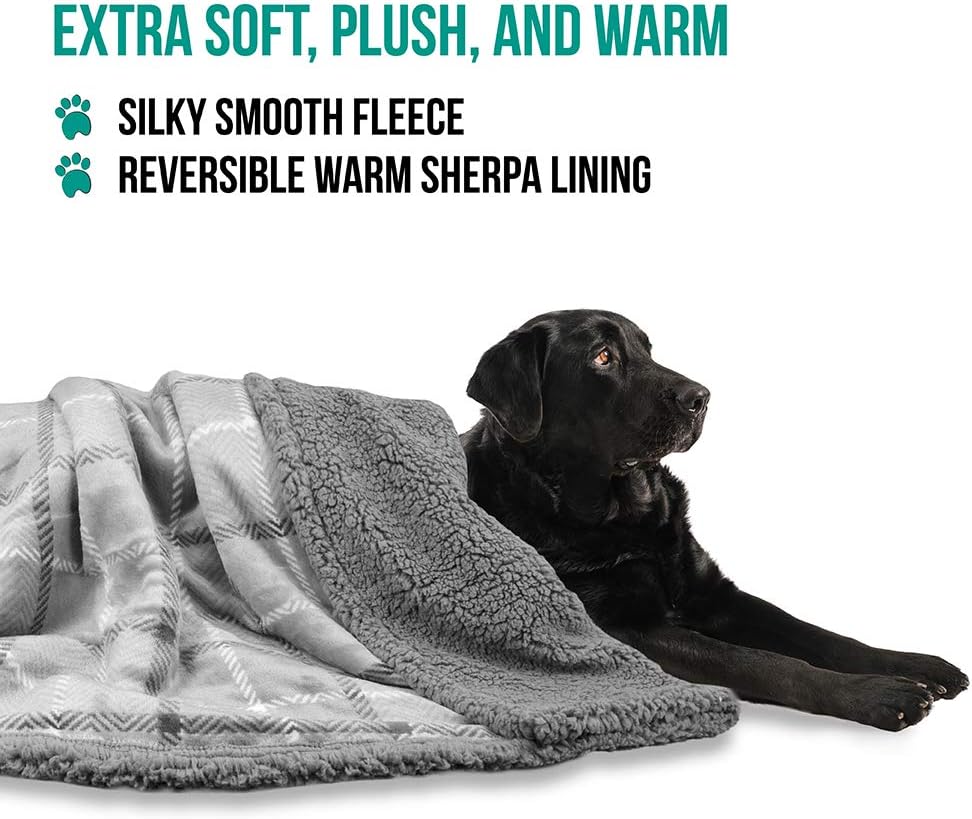 PetAmi Dog Blanket, Plaid Sherpa Dog Blanket | Plush, Reversible, Warm Pet Blanket for Dog Bed, Couch, Sofa, Car (Light Grey, 60x40 Inches) : Pet Supplies
