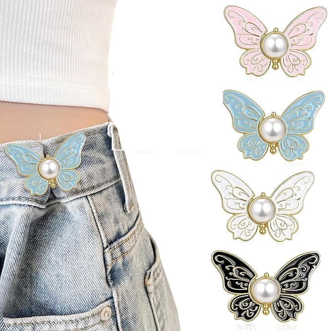 Image of YEKDA 4 Sets Butterfly Jean Buttons Waist Tightener for Loose Pants, No-Sew Adjustable Waist Buckle Clips, Detachable Decorative Jean Button Pins for Women's Jeans & Skirts (Butterfly 4 Pcs)