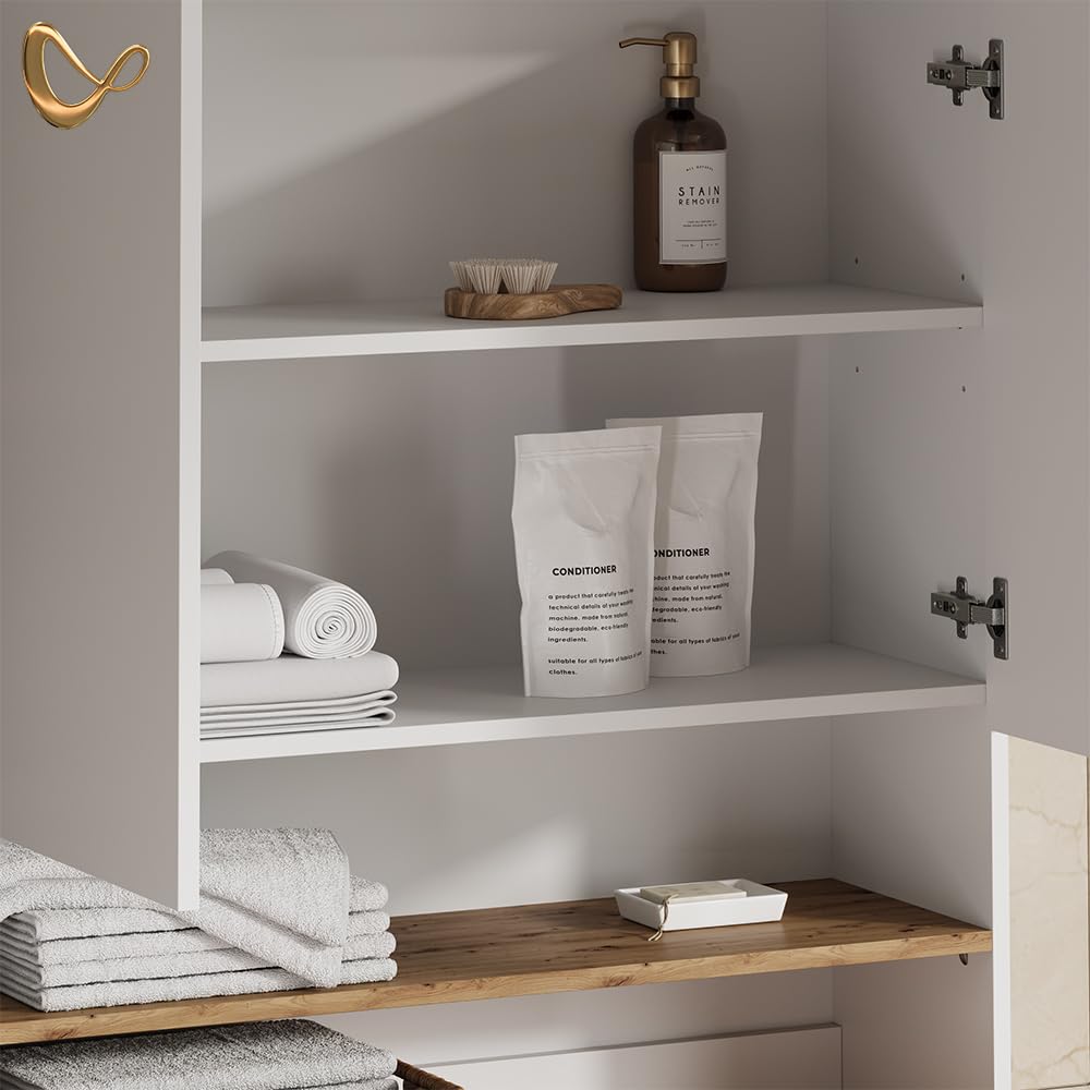 Livinity Armoire Machine à Laver Paolina, Blanc/Artisan, 93.6x88.2cm | 2 pièces avec étagèreEspace supplémentaire au-dessus de l'appareil pour ranger les détergents et les accessoires