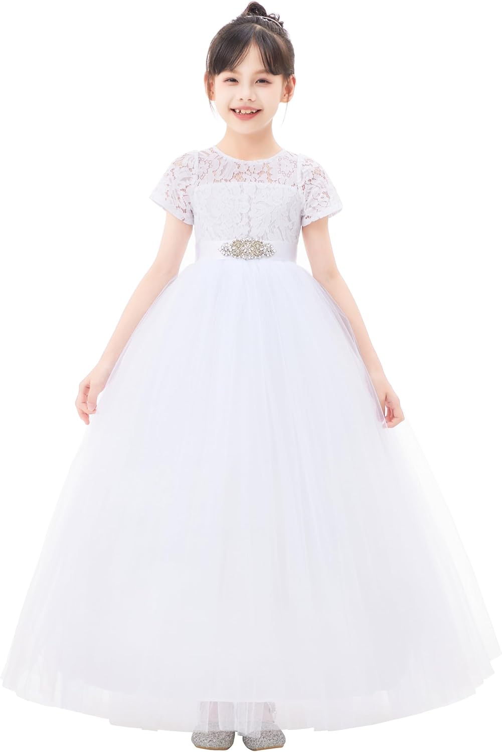 Floral Lace Tulle Flower Girl Dresses with Sleeves for Bridesmaid LG2R3