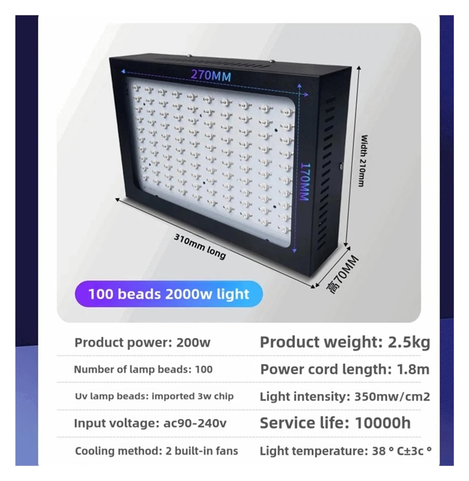 Lampada polimerizzante UV 365nm 395nm 405nm 2000-5600W 100LEDs raffreddata ad aria