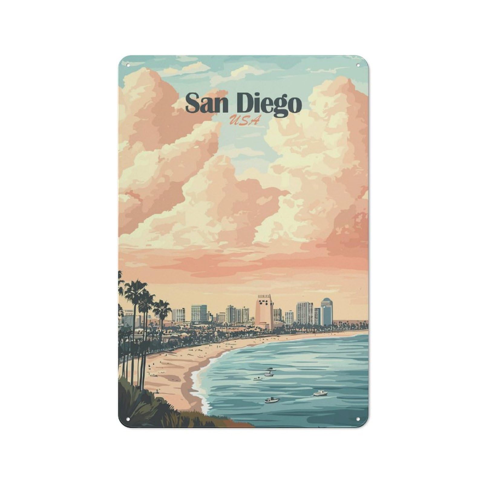 Junmoney Style-23 Metal Gift Sign With San Diego Skyline Sunset Design 30X20cm, Character Room Wall Plaque For Flat, Dorm Room, Lounge Or Cafe