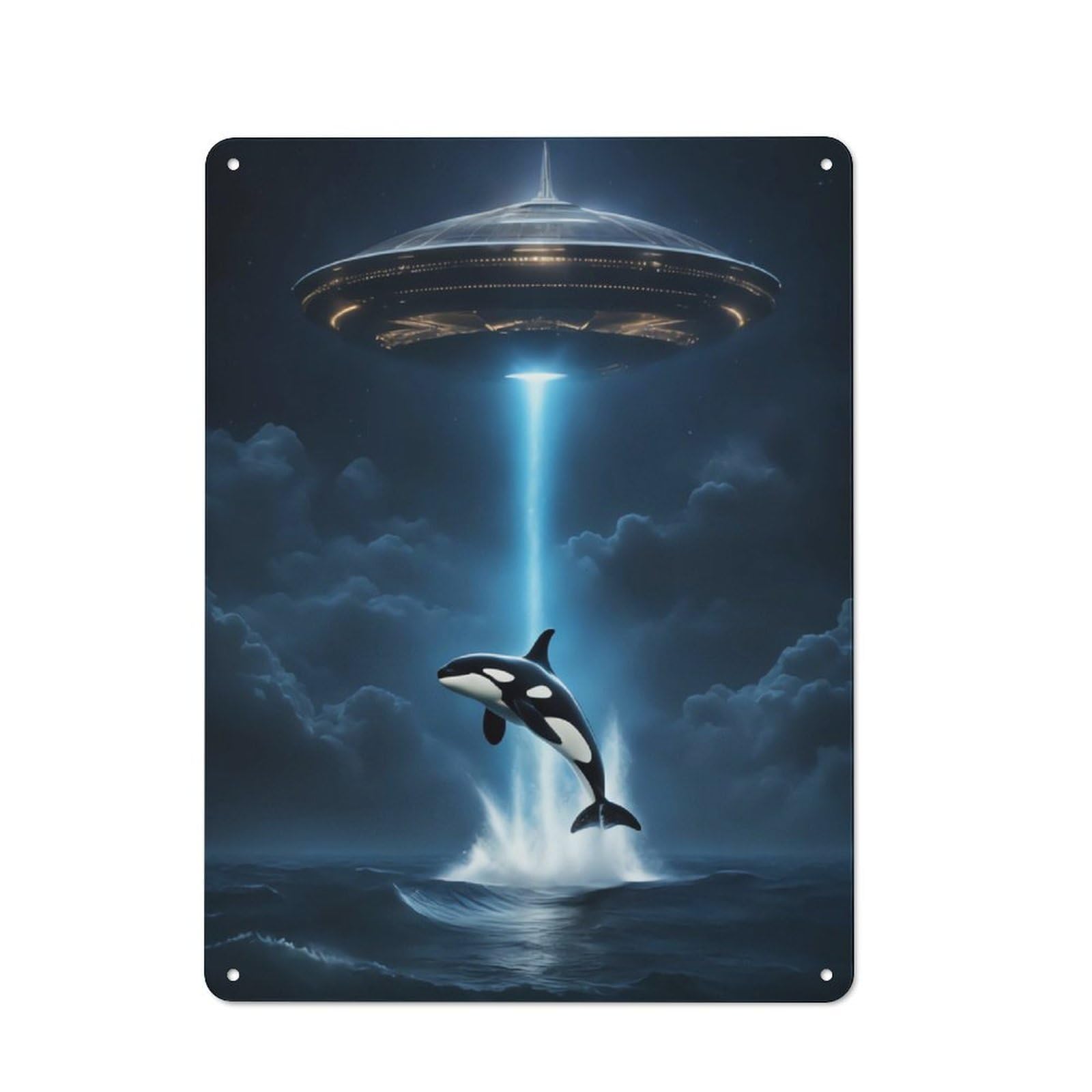 Junmoney Orca Whale Alien Spaceship Metal Wall Sign 40X30cm, Rustic Decor For Home Bar Wall, Gift Idea At Christmas For Hosts Who Enjoy Retro Interiors