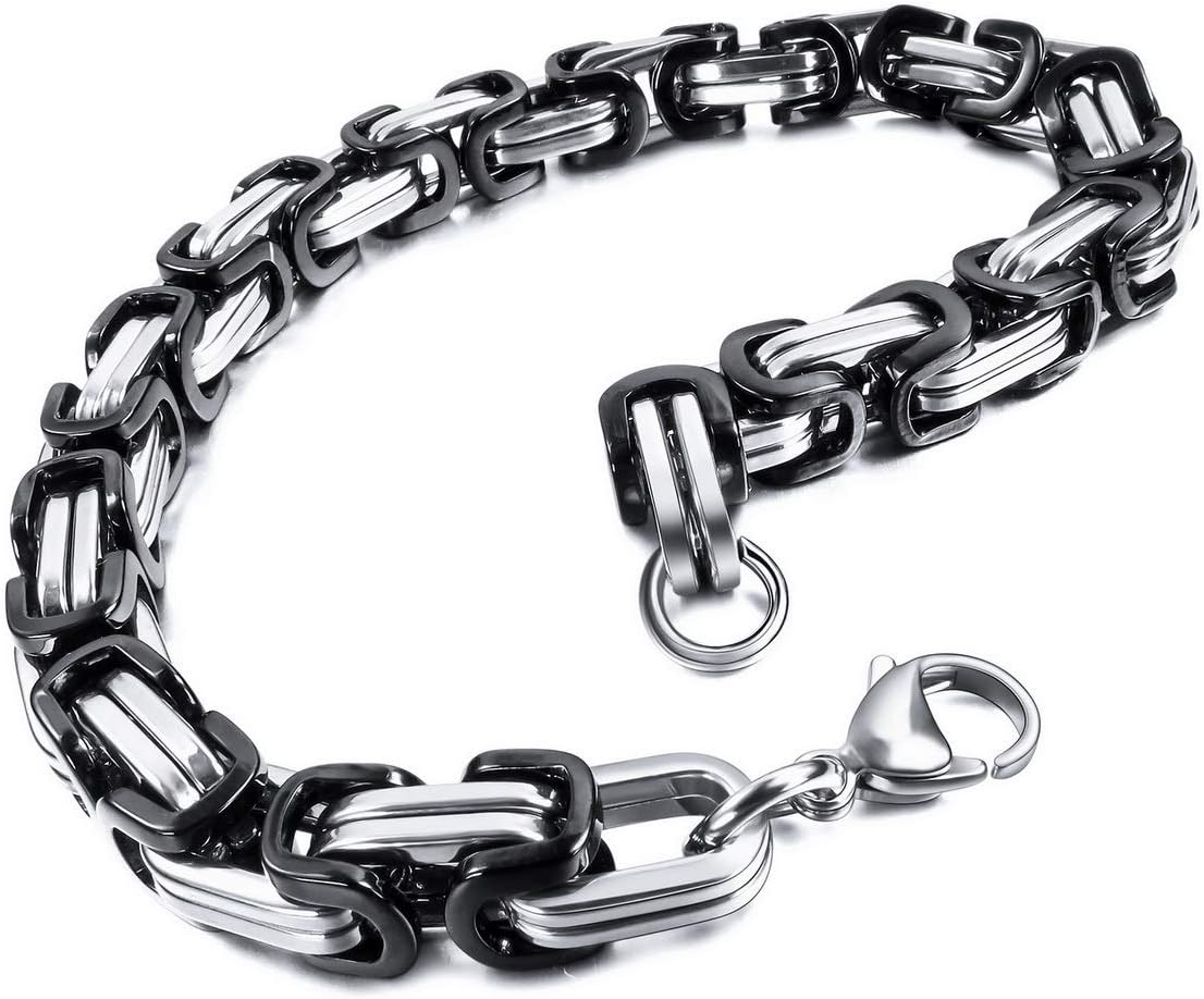 8mm Wide 316L Stainless Steel Bracelet Byzantine Link Chain Bracelet for Men Women Water Resistance (5 Colors - Silver Black Gold Silver and Silver and Gold, 4 Lengths - 7.5" 8" 8.5" 9")