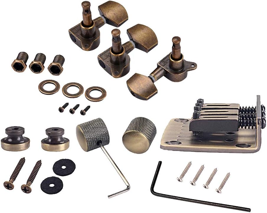 Alnicov Combo Kits Bronze Saddle Bridge Tuning Pegs Control Knobs Strap Locks Wrenches Screws Washers for 3 String Cigar Box Guitar