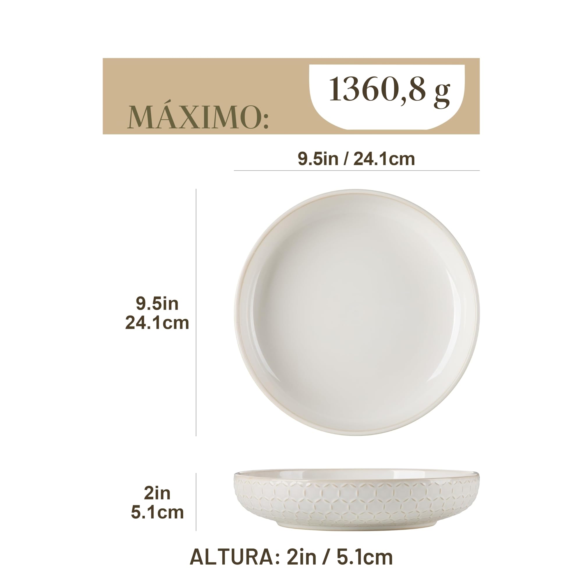 MALACASA Juego de 4 Cuencos para Pasta de Gres, 1570 ml Grande Platos Hondos para Pasta Ensalada y Sopas, Beige - Serie LYDIA