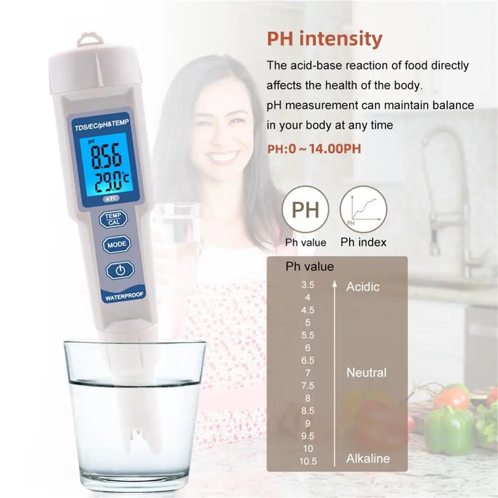 Misuratore di PH TDS 4 in 1, misuratore di PH/TDS/EC/Temperatura, Monitor Digitale della qualità Acqua for Piscine, Acqua Potabile, acquari