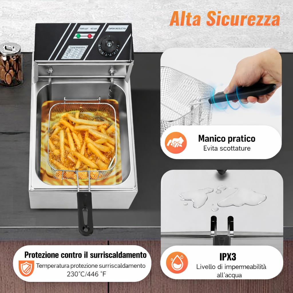 Friggitrice elettrica 2500 W commerciale in acciaio inox 6L con scolapiatti e coperchio, controllo della temperatura in acciaio inox, friggitrice rettangolare grande dispositivo per gastronomia, uso