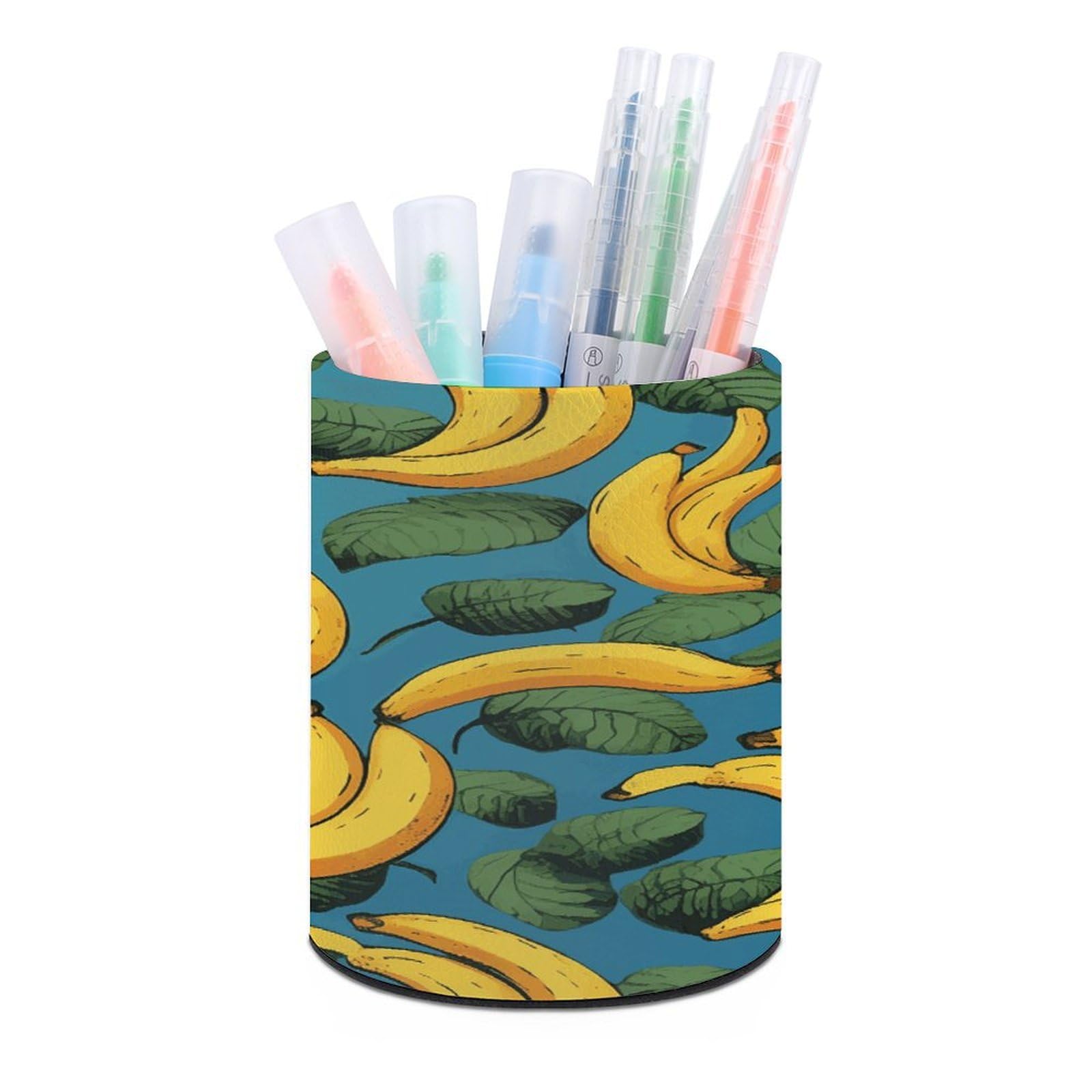 FekiLoot Round Yellow Banana Pen Holder for Desk PU Leather Waterproof Pencil Cup Stand Minimalist Makeup Brush Storage Organizer Desktop Stationery Container Accessorires