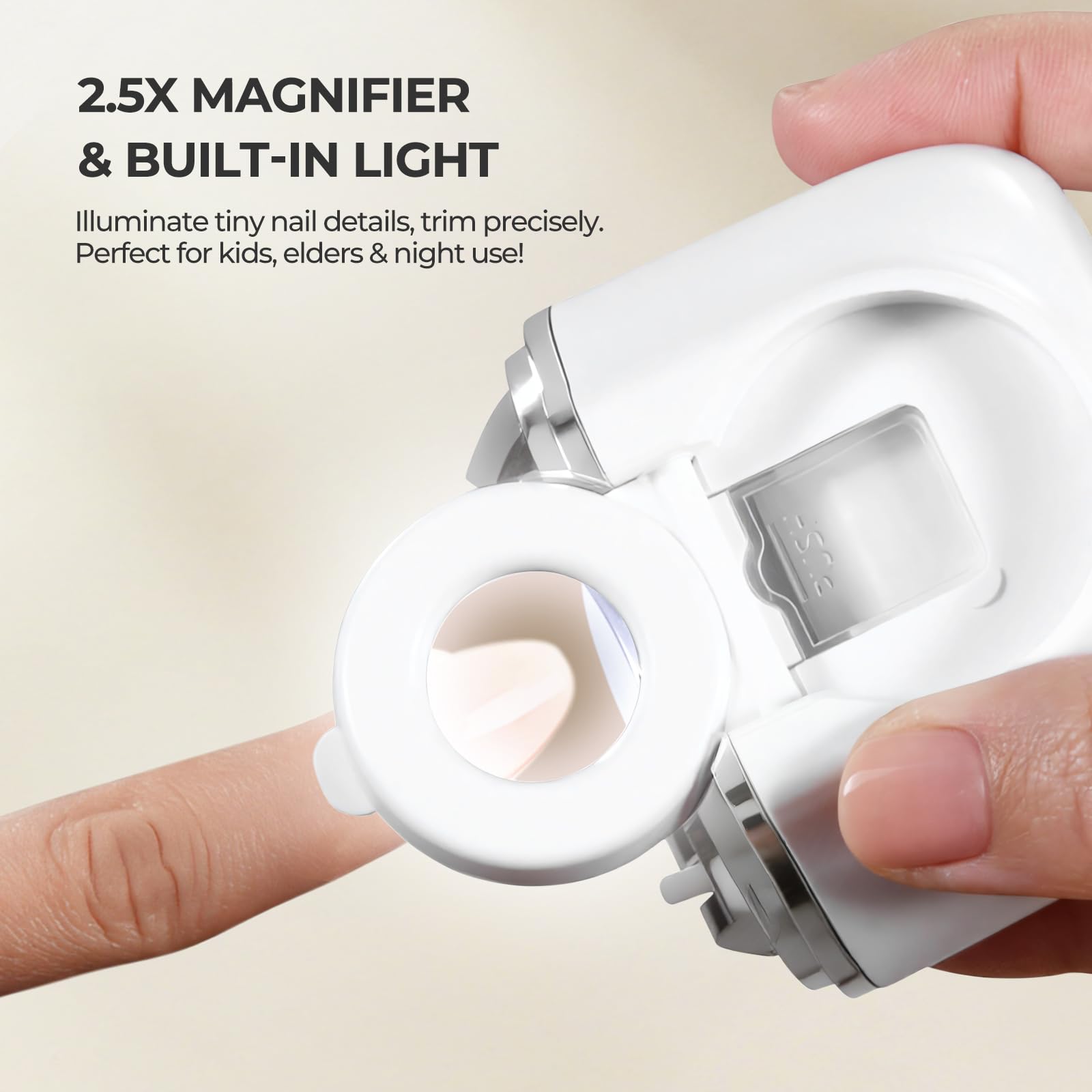Electric Nail Clipper with Polishing and Magnifying Glass, 3-Speed Electric Nail Trimmer with Display, LED Light and Nail Scraps Storage, Automatic Nail Trimmer for Adults, Seniors and Kids - White — view 2