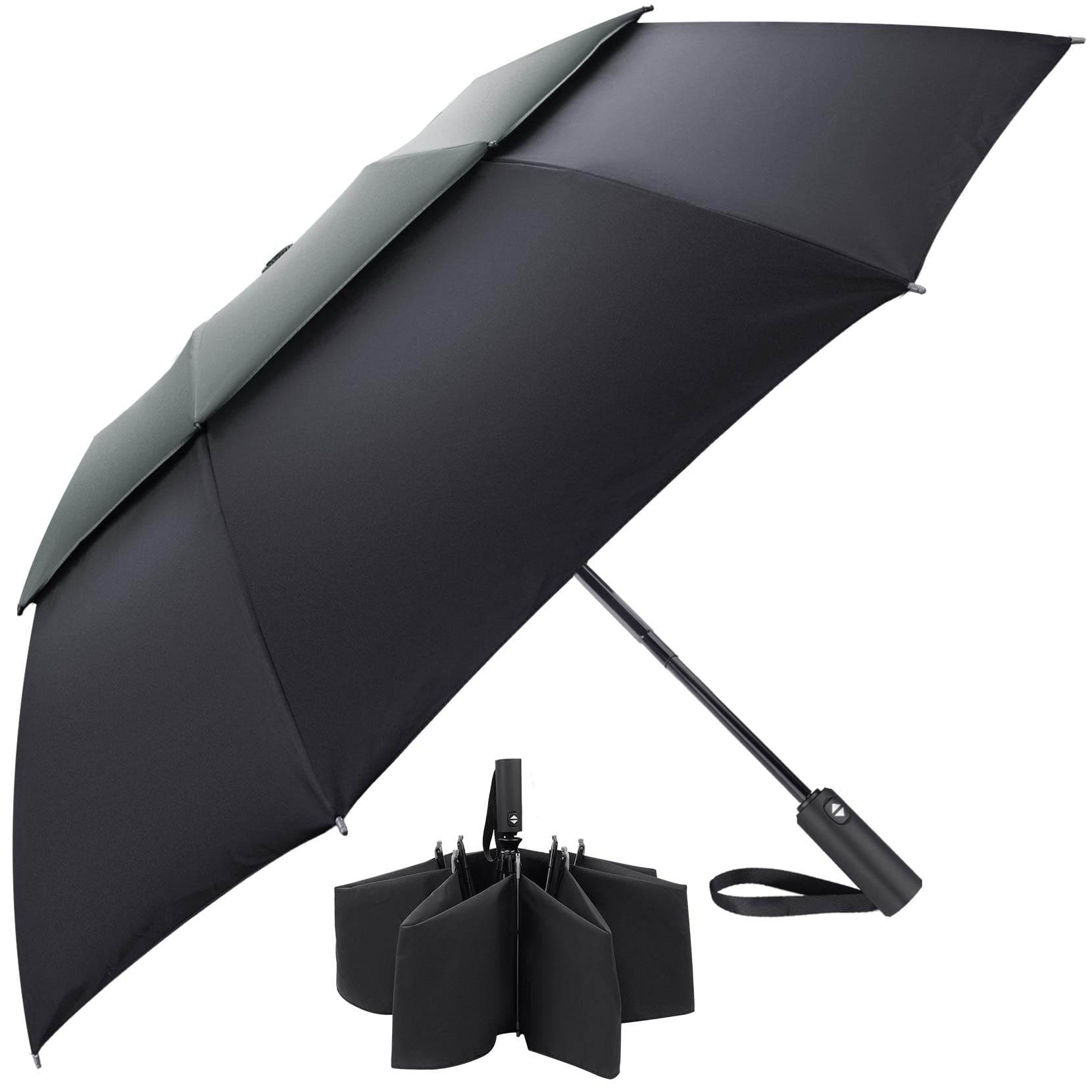 Windproof Umbrella, Vuteehy Travel Umbrella for Rain with 16 Ribs Double Canopy Vented, Waterproof Folding Umbrella with Inverted Design, Auto Open Close - Compact Rain Umbrella for Men and Women