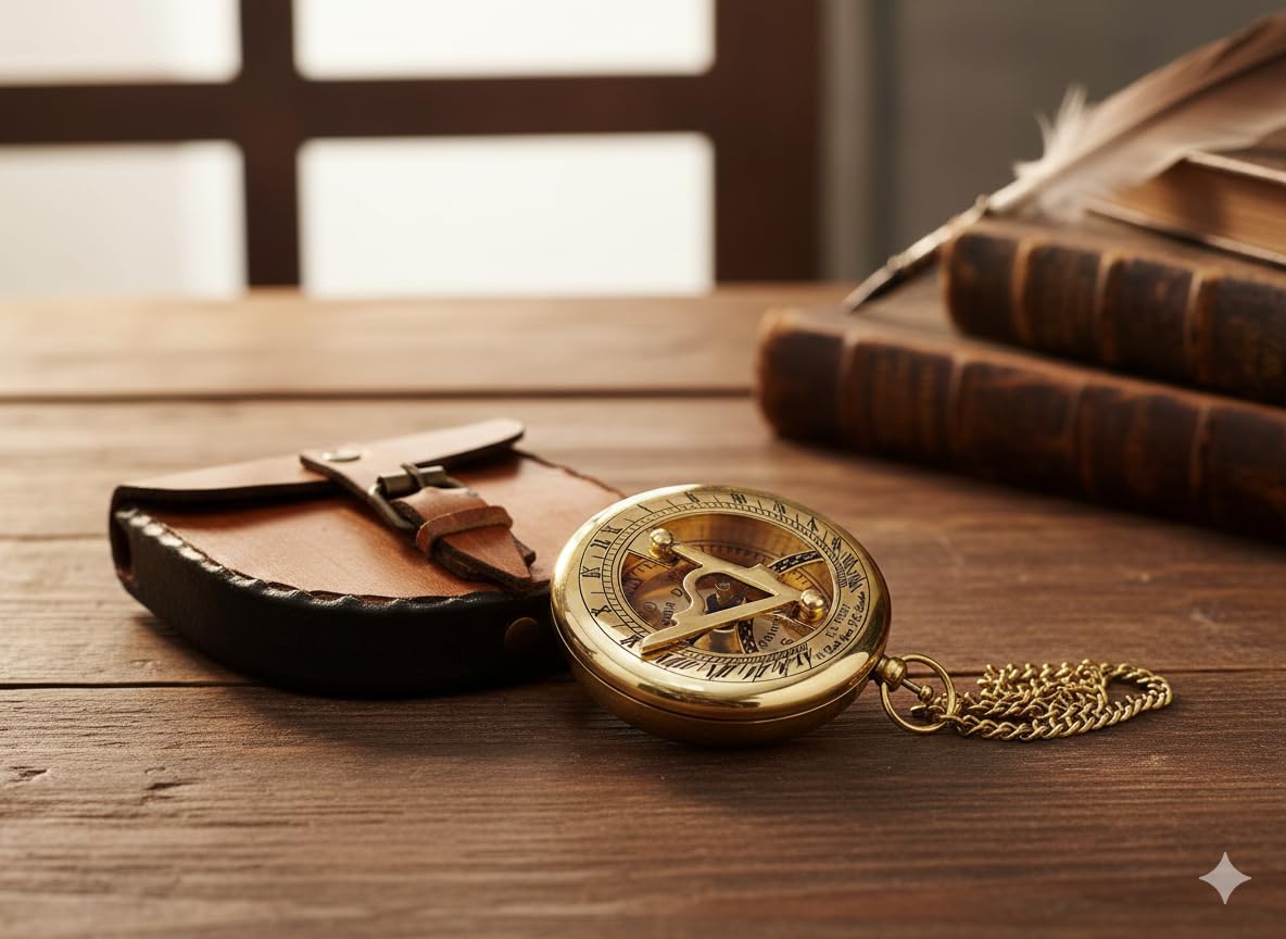 Boussole à cadran solaire finition laiton avec étui en cuir et chaîne – Boussole à ouverture par pression – Accessoire steampunk – Beau cadeau fait à la main – Horloge à cadran solaire