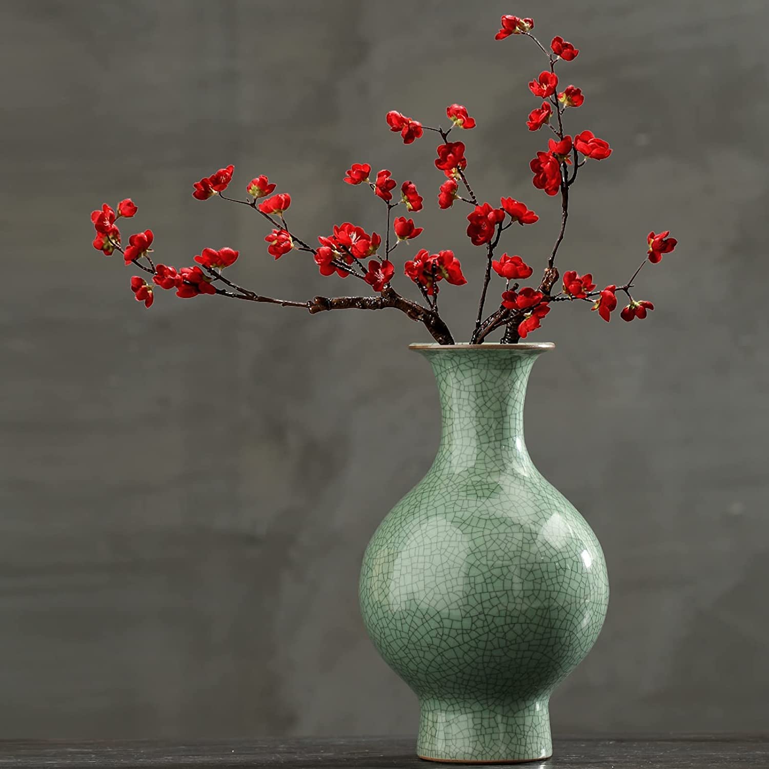 Artisanat en céramique chinoise, fait main, émail craquelé antique, grande vase en porcelaine vert pour décoration d'intérieur Grün02