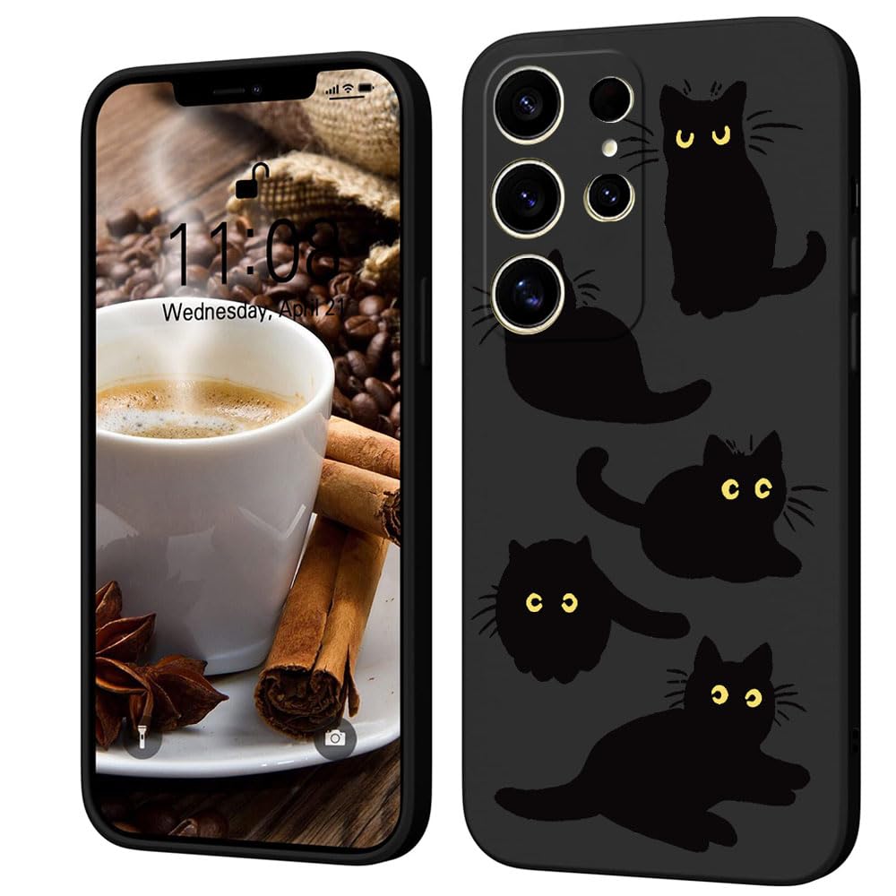 Creativo Cartone Animato Custodia Morbida in Silicone Compatibile con Samsung Galaxy S24 Ultra Cover, [Pattern Gatto] Anti Fall Protettivo Case,Nero
