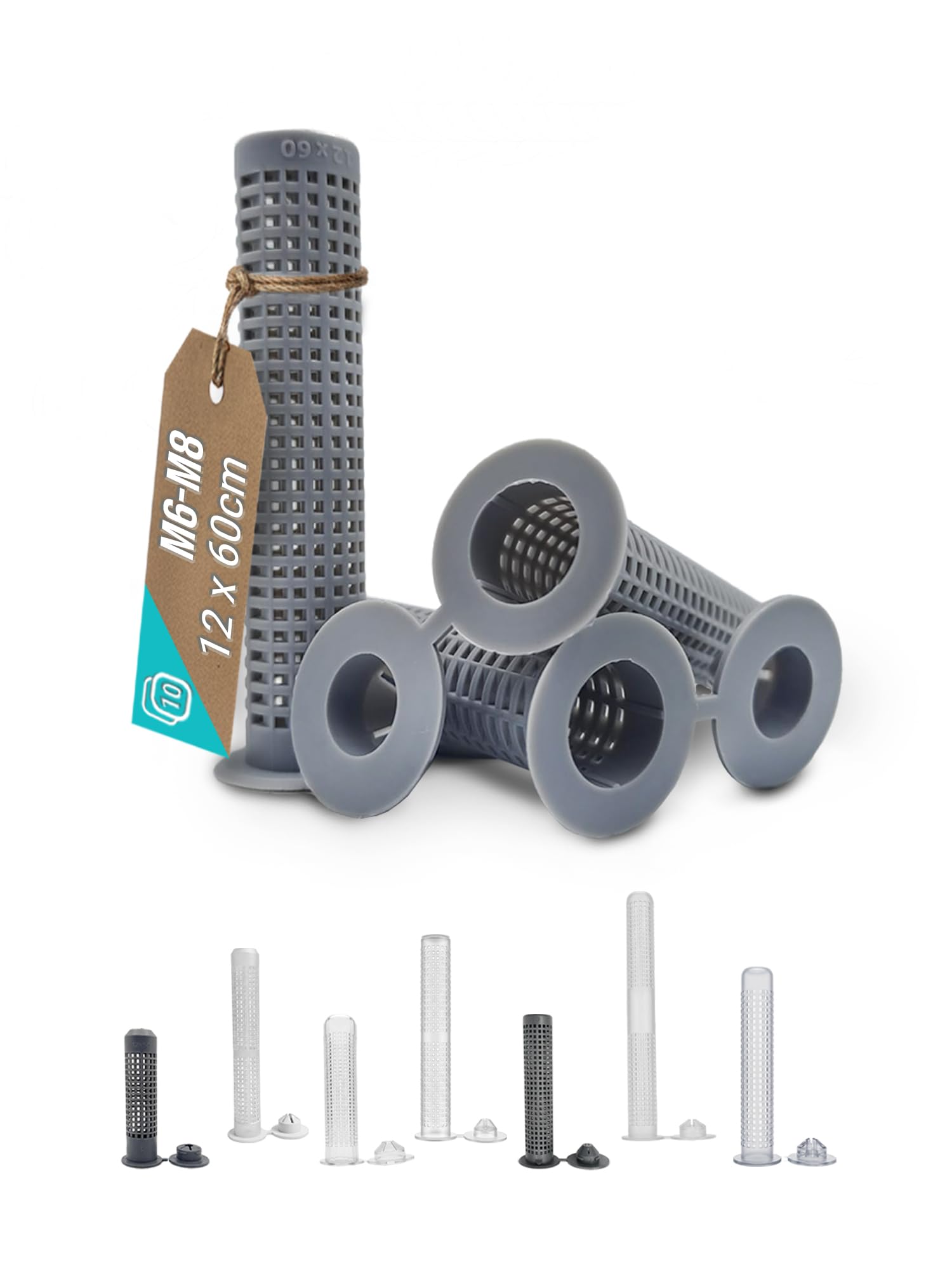 Vooxa Optimal Sieve Sleeves 12 x 60 mm for Composite Mortar, Pack of 10, for M6 - M8 Thread, Plastic Anchor Sleeve for Filling with Injection Mortar, Durable and Firm