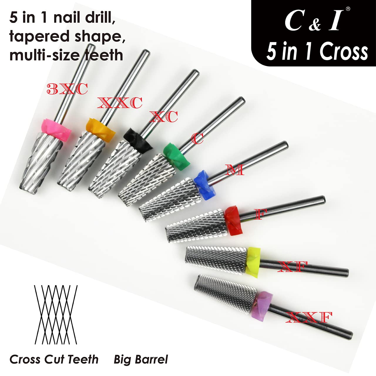 C & I 5 in 1 Multi-Function Tapered Shape Nail Drill, Cross Teeth Edition, Professional Drill Bit for Nail Manicure Machine (Double Fine - XXF)