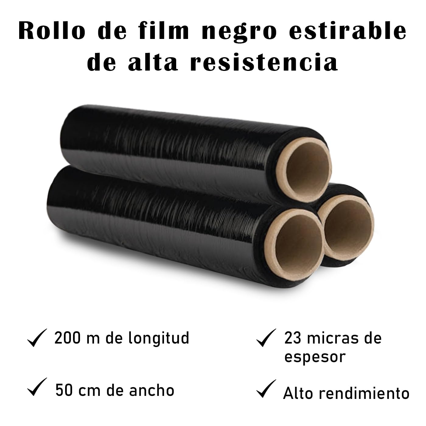 MERCURY TEXTIL- Film Transparente o Negro para Embalar, Flexible y Resistente 50cm x 200metros, 23 micras de Espesor. Embalaje Industrial, Envíos, Mudanzas, Palets. (Negro, 2 Rollos)