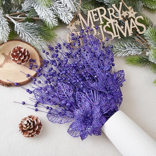 CristBest 24 Pack Christmas Tree Ornaments - Artificial Flowers Glitter Berry Stems Christmas Floral Picks Branches for Xmas Tree Decorations Vase Filler Holiday Wedding Party Home Decor (Purple) - image 3