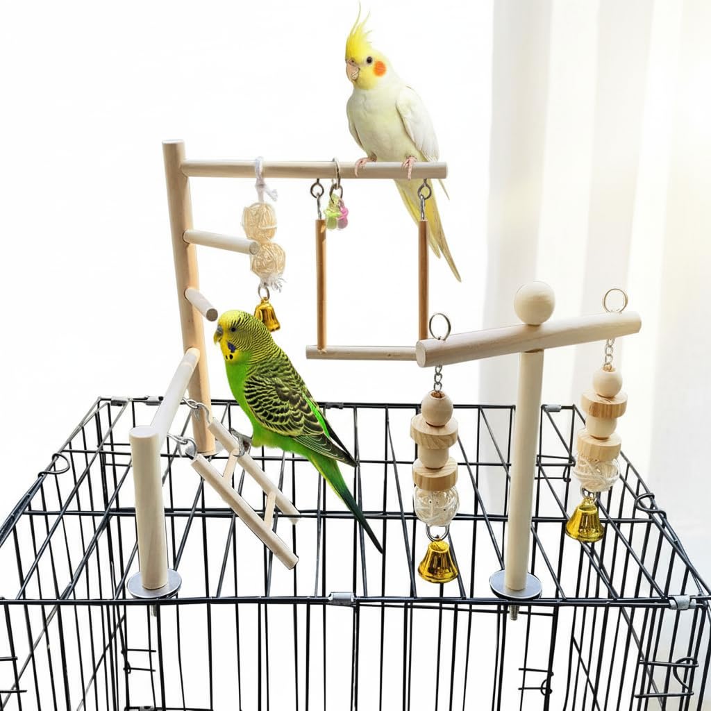 PINVNBY Parque Infantil para pájaros, Loros, Gimnasio, Jaula para periquitos, Soporte de Madera para corralito, escaleras para Masticar, Escalar, Juguete de Jaula de pájaros, Accesorios para cacatúa,
