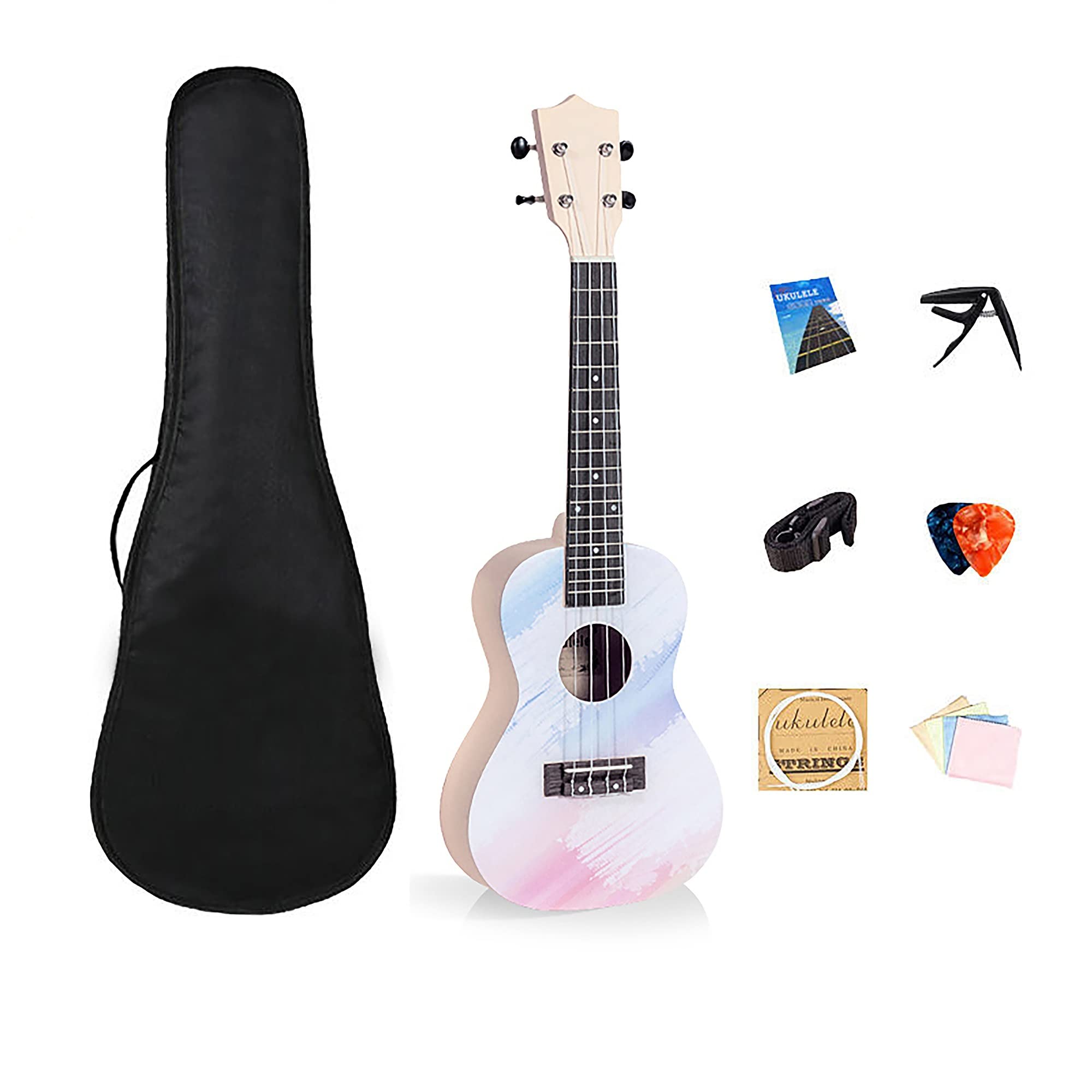 Ukulele soprano per principianti, adulti e bambini, con custodia, tracolla, corde in nylon, accordatore e plettro, perfetto come regalo
