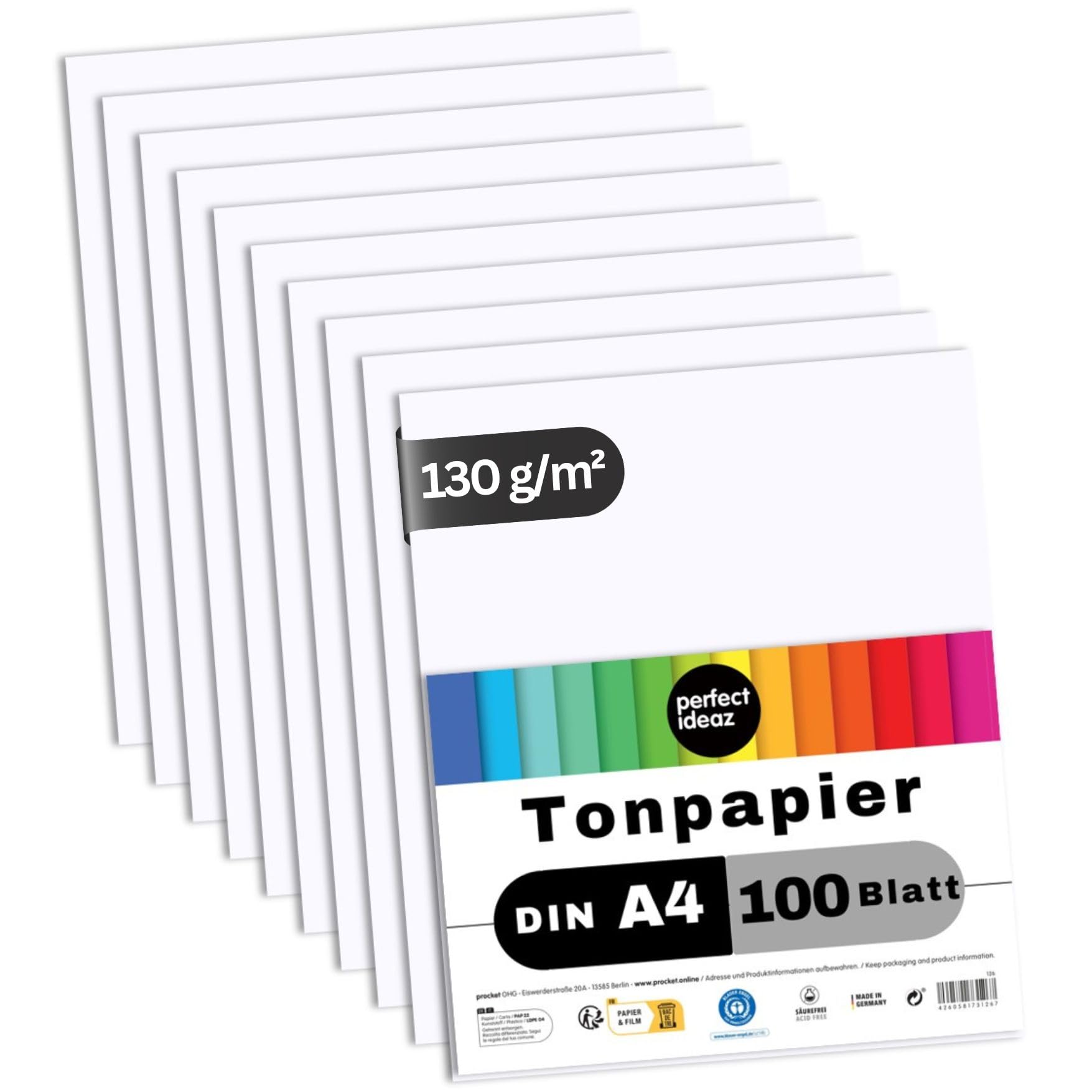 perfect ideaz100 Sheets A4 (8.27 x 11.69 in) Plain Coloured Drawing Paper, Coloured in White, 130 g/m² Quality Strong Craft Sheets