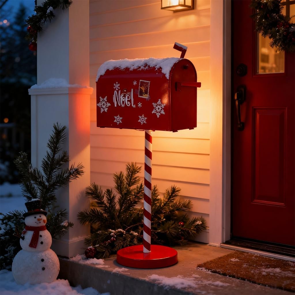 Festival Santa Mailbox for Christmas Decorations Metal Letter Box with Wooden Base Indoor Outdoor Holiday Decoration