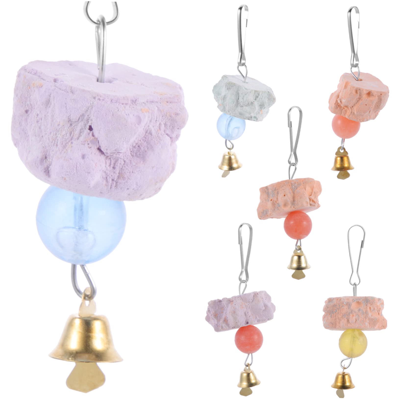 Mikikit 6Pcs Hanging Parrot Chewing Stone Portable Molar Rock with Bell for Bird Health and Entertainment Bird Accessory for Parakeets Budgies and Pets