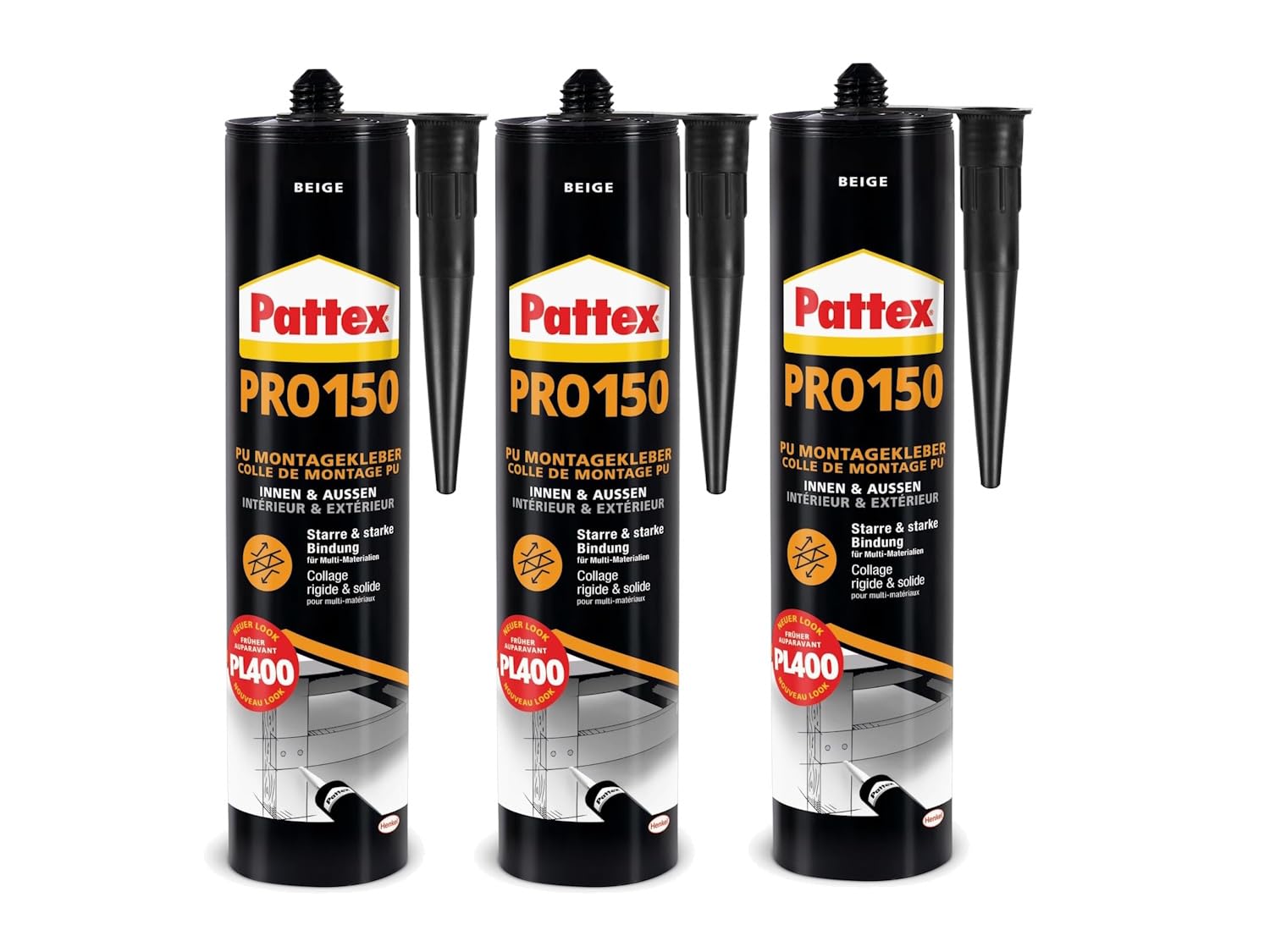 Pattex PRO 150 – 3er Set | Hochleistungs-Montagekleber für universelle Anwendungen, ideal für Heimwerker & Profis