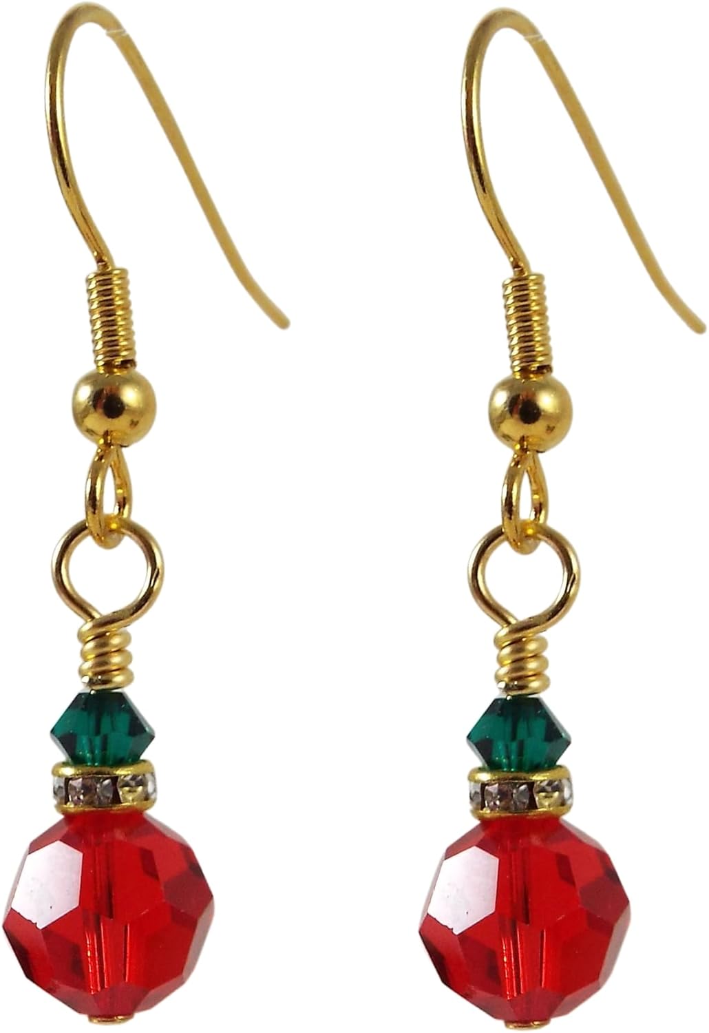 Red and Green Austrian Crystal Earrings for Women with Gold Plated Ear Wires for Christmas