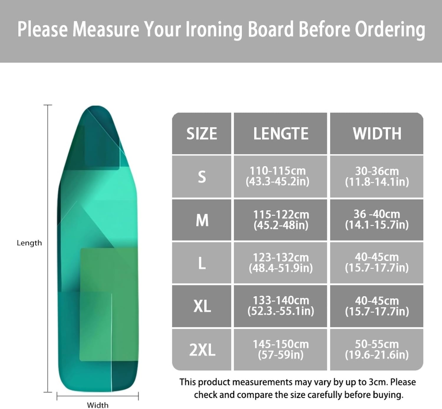 Large Ironing Board Cover and Pad 59x19 Curved Shape Green Iron Table Cover with Padding,Extra Wide,Resist Scorching and Staining,Heatproof,Adjustable Fastener Durable Stain