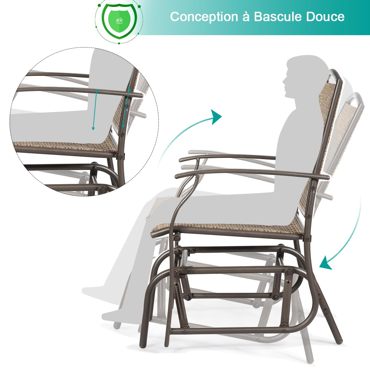 GIANTEX Sillón Mecedora de Exterior con Respaldo y Apoyabrazos Transpirables, Marco de Metal, Diseño Ergonómico para Jardín, Patio, Terraza, Piscina, Carga 150 kg, Marrón