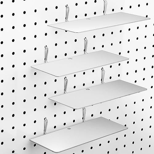 Funrous Paquete de 4 estantes de tablero de clavijas, organizador de pared, soportes de estante de tablero de clavijas, bandeja de acero, accesorios