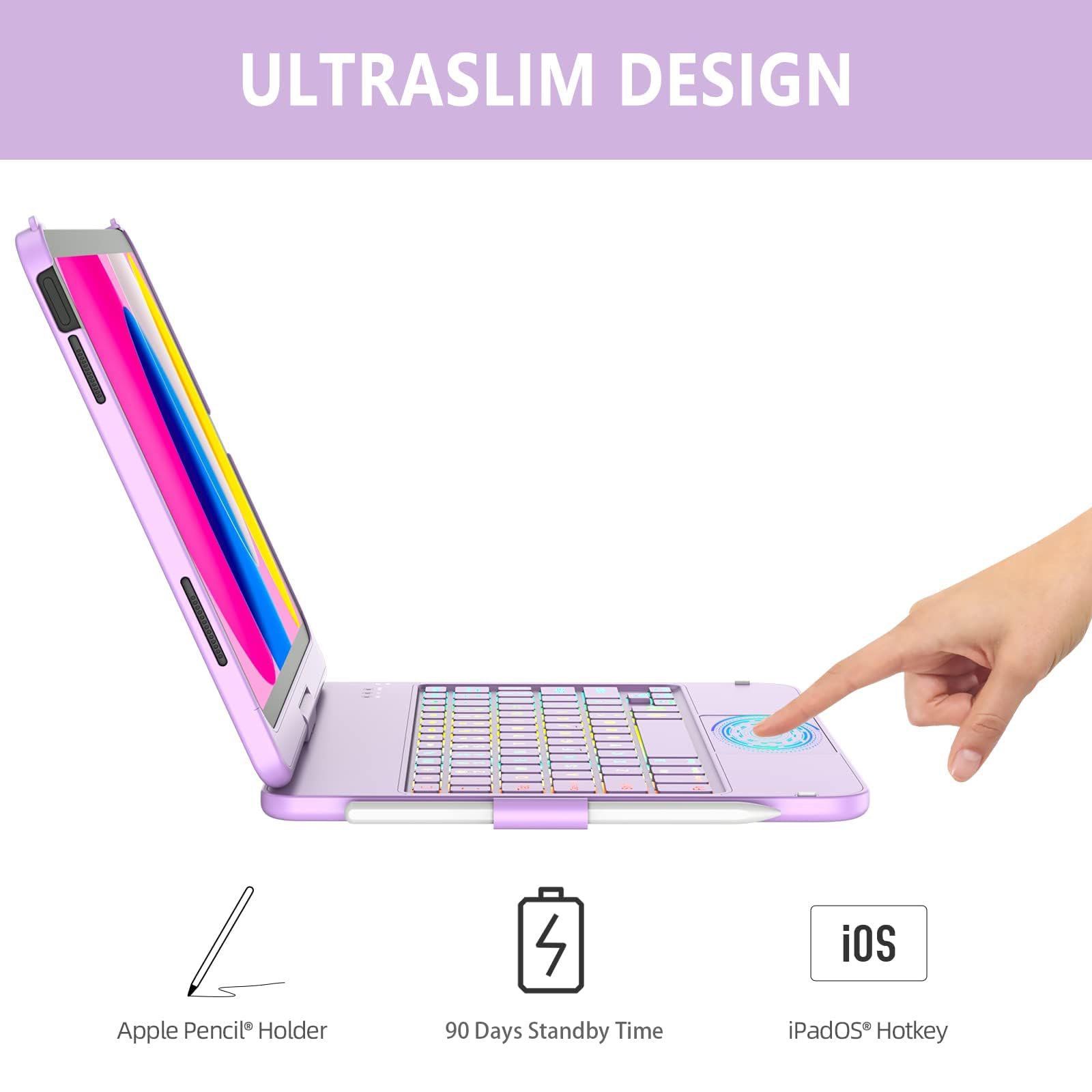 KARFUN Clavier pour iPad 10/11 Ème Generation (10,9" 2022/11" A16 2025), Housse de Protection Rotative à 360° avec Porte-Stylet, étui avec Clavier Trackpad Rétro-éclairé (Violet Clair)
