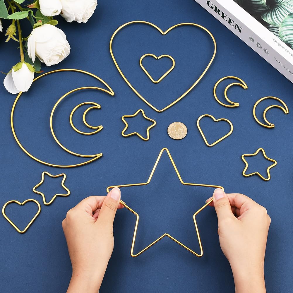 Lot de 6 Anneaux Attrape Rêves en Métal Doré en Forme D'Étoile de Lune et de Cœur pour Loisirs Créatifs Décoration Murale Couronne Mariage Noël Cadeaux pour Débutants
