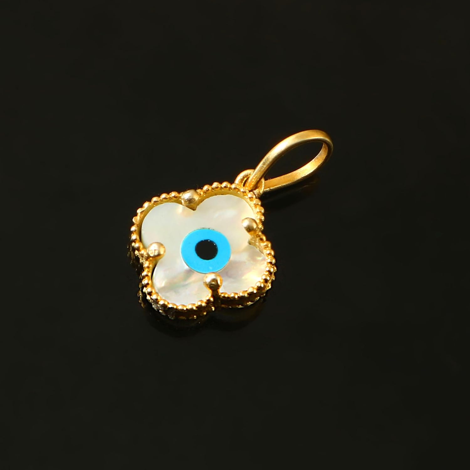 Mother of Pearl Evil Eye Pendant, 18k Solid Gold Clover Design, Blue Glass, Charm Necklace - Image 2
