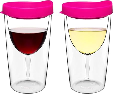 PrimeSaver Wine Sippy Cup with Lid - Plastic Insulated Wine Tumblers - Wine Glass Goblet Sippy Cup for Adults - Pink - 2 Pack