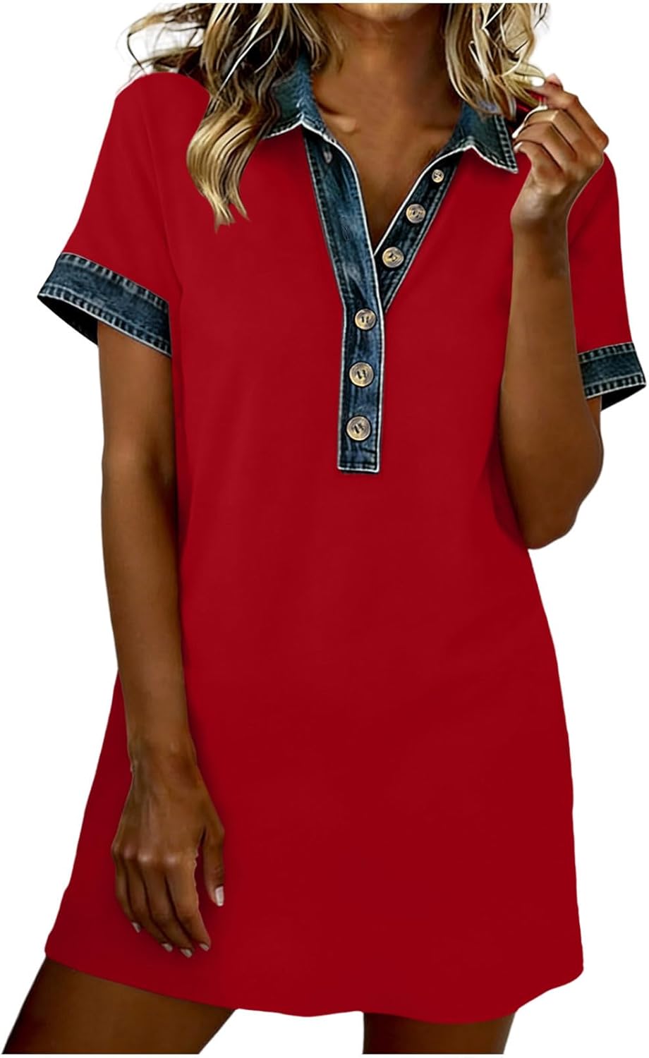 Women's Denim Patchwork Mini Dress Short Sleeve Collared Button Dresses Loose Fit Trendy T Shirt Mini Dress 2026