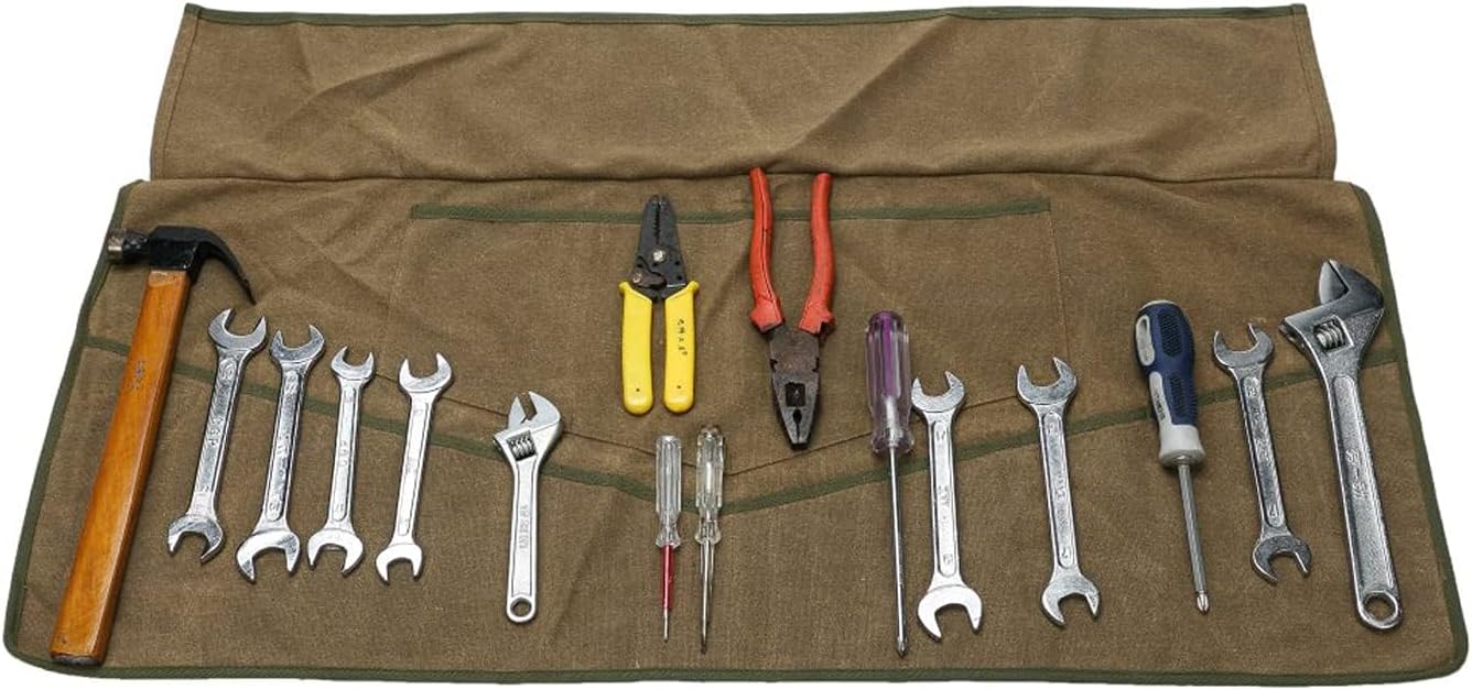 Super Tool Roll, Waxed Canvas Tool Pouch, Multi-Purpose Wrench Organizer, Waterproof Roll Up Tool Bag With 26 Pockets For Electrician, HVAC, Plumber, Carpenter or Mechanic,Large Socket Storage Case