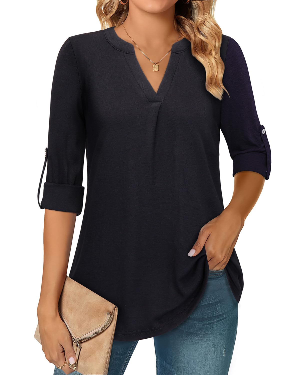 Amrto Longbluse Damen 3/4 Ärmel Bluse V-Ausschnitt Tunika Longshirt Elegant Casual Oberteile Lose Lässig Lange Shirt Outfit für Business Büro