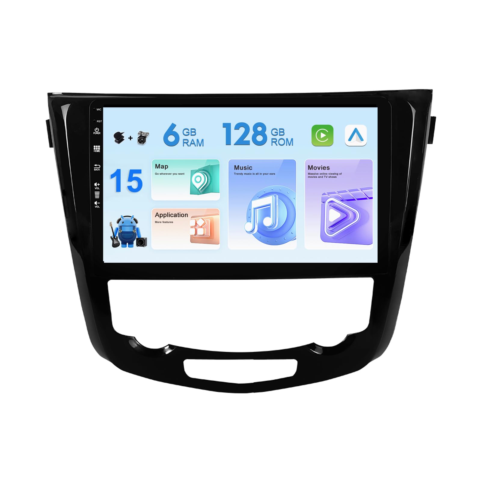 [6GB + 128GB] Android 15 Radio Coche para Nissan X-Trail Qashqai j11 Rouge 2013-2018, Cámara y micrófono Autoradio Carplay Android Auto GPS Navi WiFi FM/RDS BT Mirror Link 10" IPS