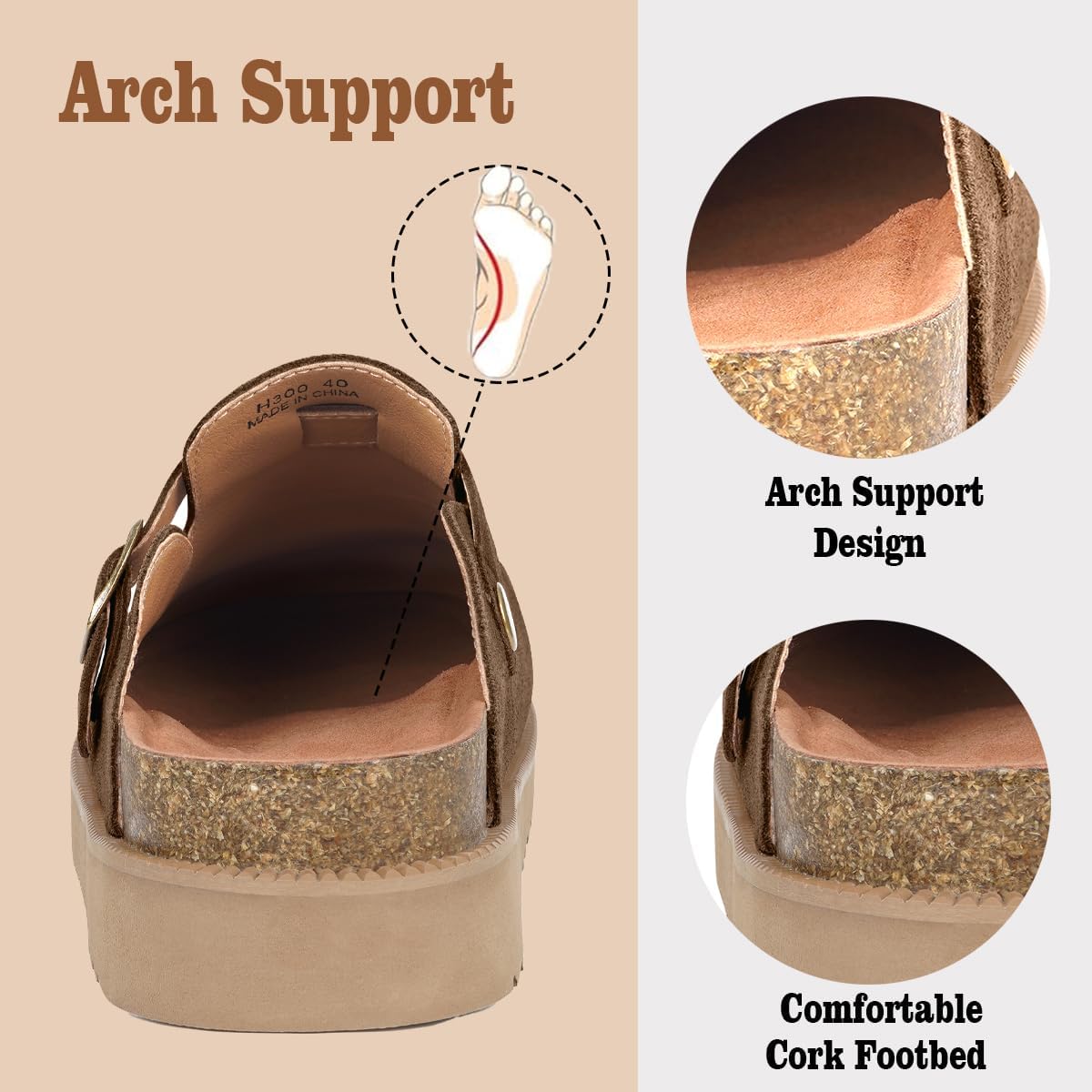 Women's Suede Clogs Leather Mules Comfort Cork Footbed Platform Clogs Adjustable Buckle Slip On Sandals Potato Shoes with Arch Support - Image 7