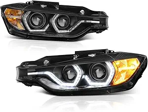 VIPMOTOZ Truly Bright Series LED Halo Ring Black Housing Quad Projector Headlight Headlamp Assembly For 2012-2015 BMW 3-Series F30 Pre-LCI Sedan Halogen Model, Driver & Passenger Side