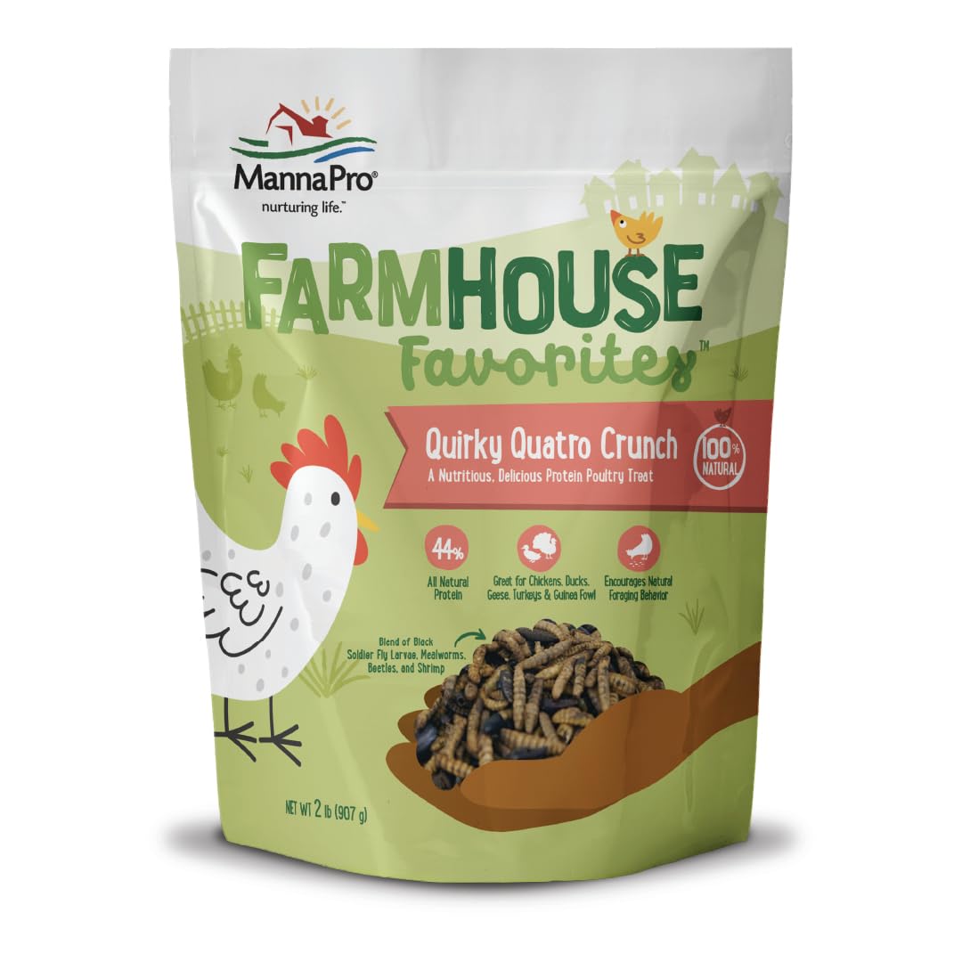 Manna Pro Farmhouse Favorites Quirky Quatro Crunch, 100% Natural Protein Treat for Mixed Flocks & Poultry – Blend of Black Solider Fly Larvae for