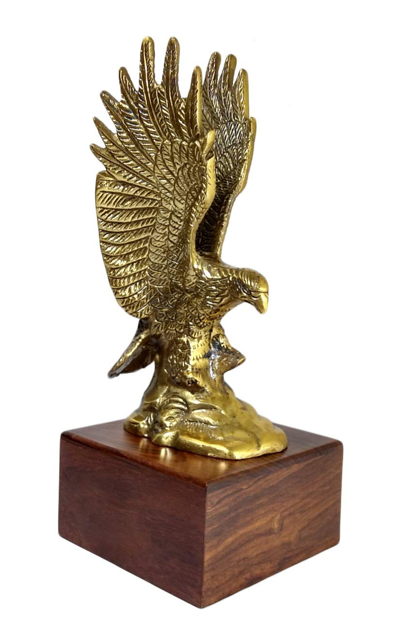 MOZO HUB Handcrafted Metal Golden Eagle with Wooden Base 24 cm
