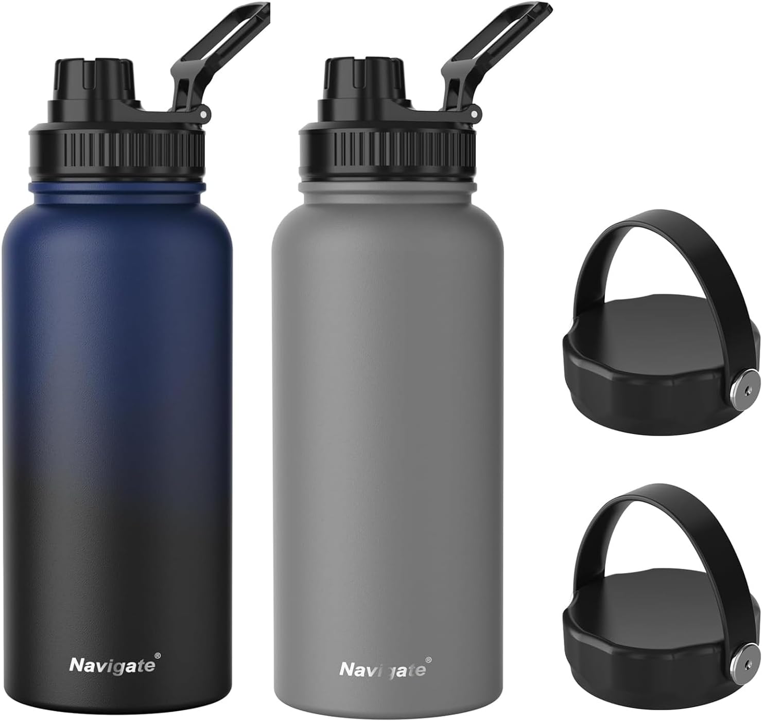 Navigate 32 oz Stainless Steel Insulated Water Bottle,Double Walled Leak Proof Keep Cold for 24 Hrs Hot for 12 Hrs, Blue to Black & Grey