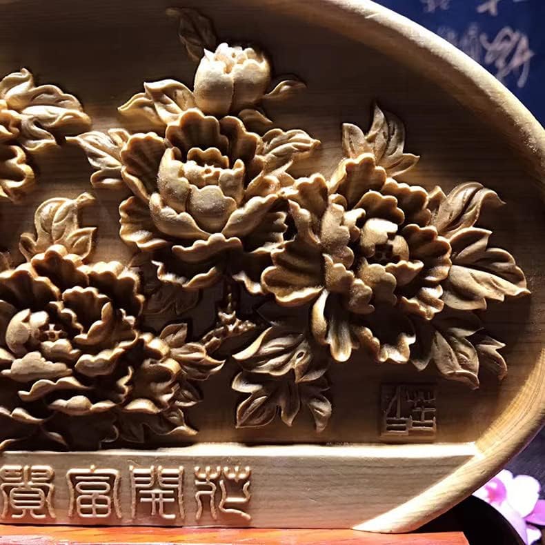 Mascot Wooden Crafts Wood Carving Art Wood Decoration Artwork 太行崖柏家居摆件 花开富贵 牡丹诗 前程似锦 幸福吉祥立体感强(花开富贵-牡丹诗 20-17-4（cm）)