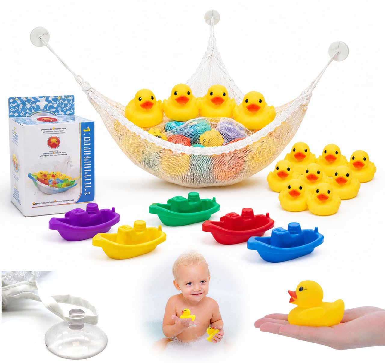 15PCs Baby Bath Toys Set - Rubber Ducks with Colorful Bath Boats and Bath Toy Storage Net, Floating Water Toys for Toddlers and Kids, BPA Free Bathroom Shower Toys, Educational Bath Time Toys