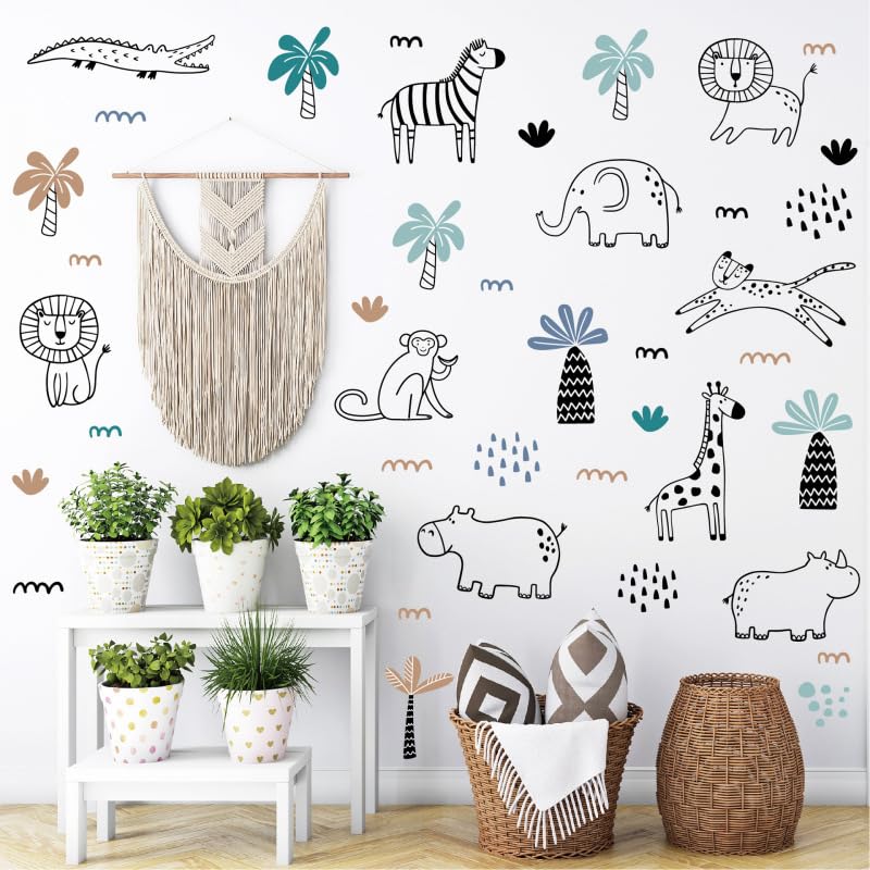 Image of Kids Jungle Safari Wall Stickers for Kids Room - 4 Sheets 39 Pcs Cartoon Animals Nursery Wall Decals Lion Giraffe Elephant Zebra Monkey Peel and Stick Wall Art for Baby Bedroom Playroom Nursery Decor